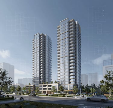 A professional architectural rendering of a modern development project under construction. Blueprints and digital grids are subtly overlaid to suggest value creation and planning. The color palette features #2A5B6F and #E8F2F3.