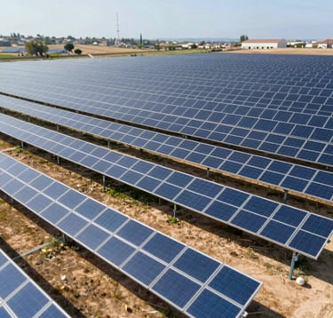 A professional wide-angle shot of a large-scale solar energy park in a sunlit Portuguese landscape, rows of panels reflecting the bright sky, high-end institutional photography style.
