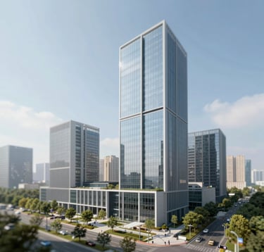 A sophisticated corporate real estate complex with clean architecture and green areas, showcasing high-value assets. Professional architectural photography using the HUS Invest color palette.