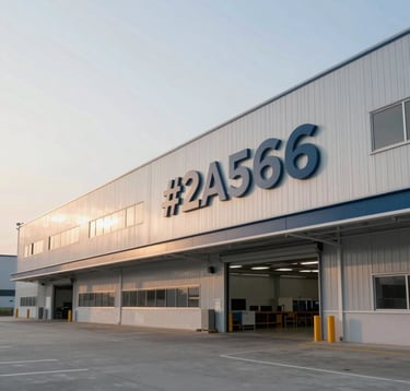 Modern industrial warehouse and sleek logistics hub at sunrise, clean architectural lines, daylight photography emphasizing efficiency and scale, #2A5B6F accents in the corporate signage.