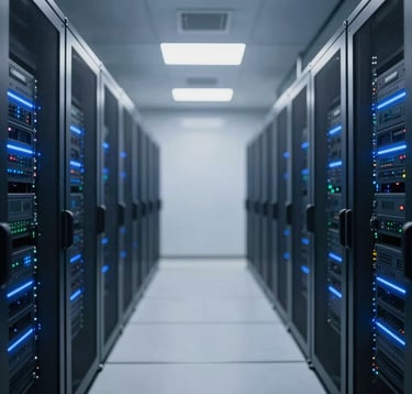 Interior of a modern data center with blue LED lighting, representing technology and infrastructure investment. Clean, symmetrical composition aligned with the brand's sophisticated mood.