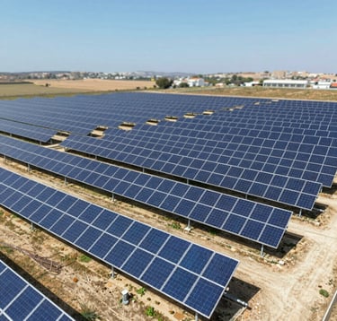 Wide aerial shot of a large solar farm under development in Portugal. Rows of blue solar panels on a sunny landscape, showcasing sustainable energy investment and scale. Institutional style.