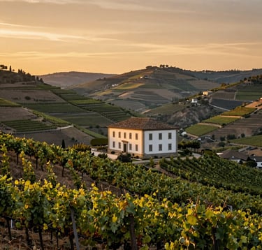 A view across rolling vineyards in the Douro Valley at dusk, a large estate house with soft off-white walls and muted bronze roofs nestled among the hills, golden sunset light, professional Southern European / Portuguese landscape photography.