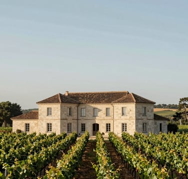 A wide-angle landscape photograph of an elegant vineyard estate in the Southern European / Portuguese countryside. The main house is built with soft off-white stone and features a tiled roof in deep espresso brown. Rows of vines stretch toward the horizon under a clear, soft sky.