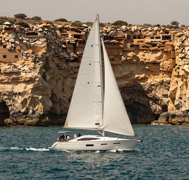 An elegant white yacht sailing on the calm turquoise waters of the Atlantic Ocean with the golden limestone cliffs of the Algarve in the background, professional photography, warm taupe and muted bronze hues, Southern European / Portuguese coast.