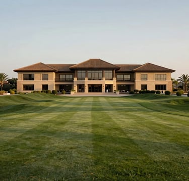 A perfectly manicured green at a premier golf course in Portugal, featuring a luxury clubhouse with warm taupe and dark coffee brown architecture, clear sky, professional lighting, Southern European / Portuguese setting.