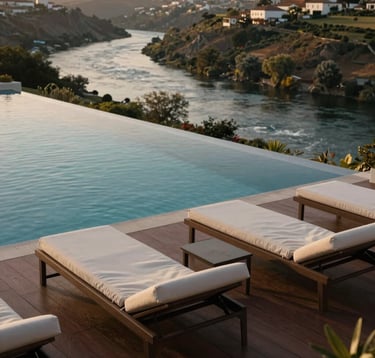 A high-end infinity pool overlooking a river valley in Portugal. The pool deck is a deep espresso brown, featuring soft off-white lounge chairs. The atmosphere is quiet, sophisticated, and professional, capturing a Southern European / Portuguese retreat.