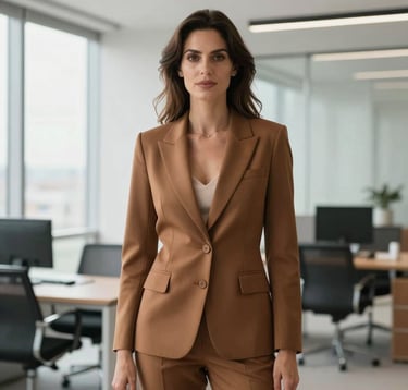 A professional portrait of a woman in a modern Southern European / Portuguese office setting. She exudes confidence and sophistication, wearing a muted bronze professional suit. The office is bright with large windows and minimalist decor.