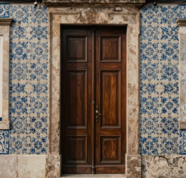 A close-up photograph of traditional Portuguese azulejo tiles on a historic building facade, featuring a dark coffee brown wooden door and soft taupe stone framing, soft afternoon light, Southern European / Portuguese atmosphere.