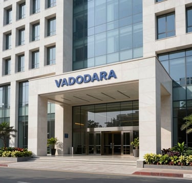 An architectural photograph of a sleek, modern corporate building entrance in Vadodara, featuring clean white stone, glass panels, and professional landscaping that reflects a premium and secure brand identity.