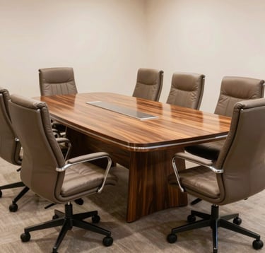 A detailed shot of a luxury meeting room in India, featuring a polished wooden table and comfortable ergonomic chairs. The setting is bright and professional, conveying a sense of trust and authority.