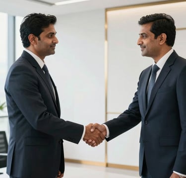 A professional handshake between two executives in a premium South Asian corporate office. The composition is clean and focused, with soft natural light highlighting a crisp white background and subtle amber gold details.