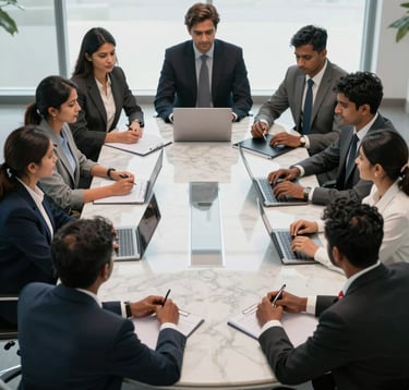 A high-angle photograph of a diverse group of South Asian corporate professionals collaborating around a polished marble conference table in a bright, modern office. The scene exudes professionalism, trust, and elite teamwork.
