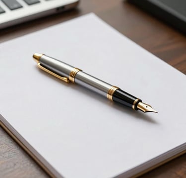 A minimalist, high-end close-up of a professional desk in an Indian corporate office featuring a gold-nibbed fountain pen resting on a crisp white legal pad. The aesthetic is clean and elite, with soft professional lighting.