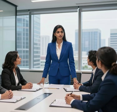 A professional South Asian woman in elegant corporate attire leading a meeting in a boardroom with glass walls overlooking a modern cityscape. The room is decorated in crisp white and deep royal blue tones.