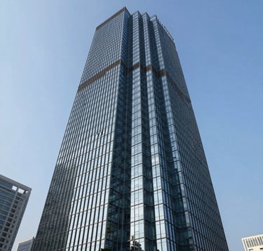 A professional wide-angle shot of a sleek glass skyscraper in a developing business district in South Asia. The architecture is modern and bold, reflecting a clear blue sky. The composition is clean and focused, representing growth and corporate authority.