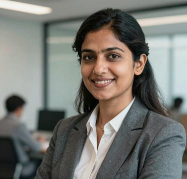 A close-up photograph of a professional South Asian / Indian woman in a business suit, looking confident and smiling warmly in a bright, modern office space. The background is softly blurred to emphasize leadership and excellence.