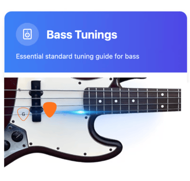 Essential standard bass tunings guide featuring a close-up of an electric bass guitar with guitar picks.