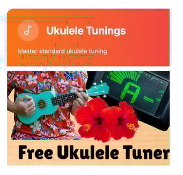 A person playing a teal ukulele with online tuner and red hibiscus flowers for a free tuning guide.