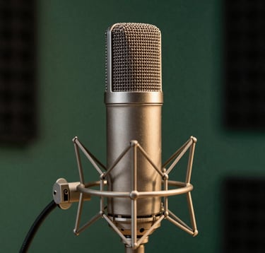 Close-up photography of a professional condenser microphone in a dimly lit, luxurious Brazilian studio setting. The lighting is soft gold, highlighting the metallic texture and the sophisticated moss green background. High-end editorial style.