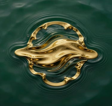Abstract photography of liquid gold ripples merging with deep green water, representing mental layers and sonic frequencies. Artistic, cinematic, and high-end gallery aesthetic.