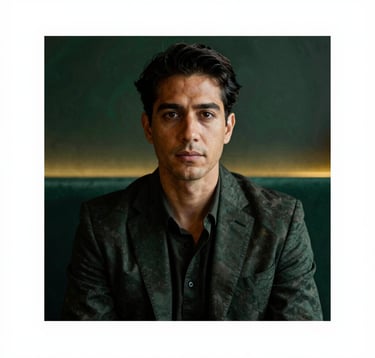 An editorial portrait of a person in a high-end South American lounge, bathed in subtle deep green and gold cinematic lighting. The composition is clean and focused on an aura of quiet authority.