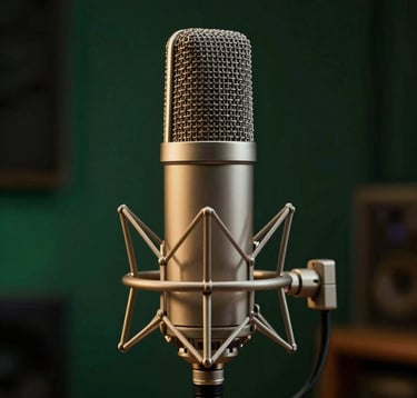 Close-up photography of a professional condenser microphone in a dark, high-end studio setting in Brazil, elegant gold details, deep green background, mysterious and cinematic lighting, showing precision.