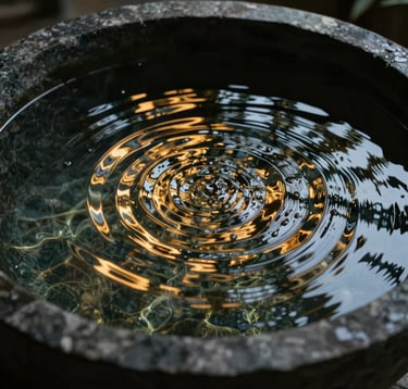 Fine art photography of water ripples in a dark stone basin, golden reflections, serene and mysterious, South American luxury spa aesthetic, high contrast, cinematic atmosphere representing internal change.