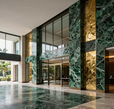 Wide-angle photograph of an elegant, modern architectural space in South America with clean lines and large glass walls. Interior features deep green textures and gold marble accents, suggesting success and prosperity.