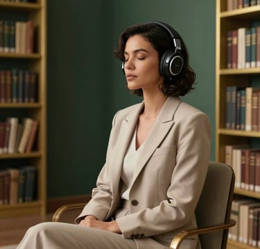 A sophisticated Brazilian man or woman in an elegant, neutral-toned outfit, sitting in a modern, minimalist library. They are wearing high-end headphones, eyes closed in a state of deep focus. Cinematic lighting, deep green and gold accents in the room.