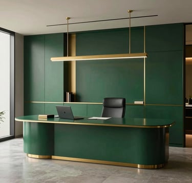Editorial photography of a luxury minimalist office in Brazil, smooth materials, gold accents, deep petroleum green tones, cinematic lighting, sophisticated atmosphere of success and mental clarity.