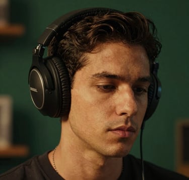 Editorial-style close-up portrait of a person in a deep state of focus, wearing high-end headphones, set in a dimly lit, sophisticated study in Brazil. Warm golden light highlights their face against a deep petroleum green background.