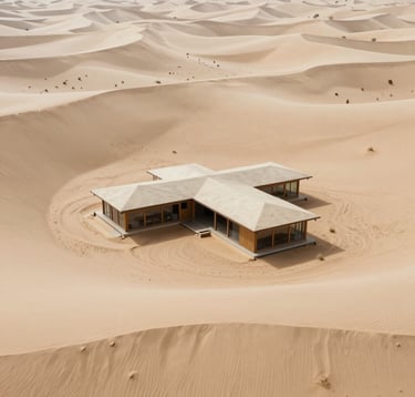An aerial view of a remote, architectural lodge nestled in a desert landscape, the structure blending perfectly with the sand and ivory dunes. Minimalist and spacious composition. Global / Discerning English-speaking.