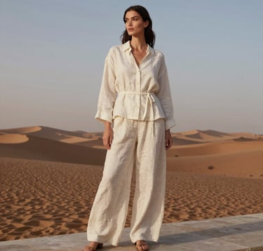 A refined editorial portrait of a woman in high-end linen clothing standing on a terrace overlooking a serene desert landscape at twilight. The palette features sand and ivory. Global / Discerning English-speaking.