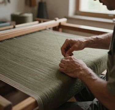 An intimate, editorial photograph of a master artisan's hands working with traditional textiles in a sun-drenched European atelier. The lighting is soft and natural, with tones of deep olive and taupe. Capturing the spirit of a Global / Discerning English-speaking cultural immersion.