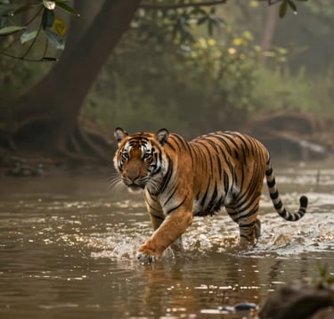 Editorial photography of a Bengal tiger wading through a misty jungle river in India. The light is soft and golden, catching the ripples in the water. The surrounding forest is a rich deep olive, with the composition feeling intimate and rare. Global / Discerning English-speaking perspective.
