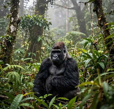 Photography of a mountain gorilla in the lush, emerald-green forest of Volcanoes National Park. The atmosphere is misty and calm, with highlights of soft ivory light filtering through the canopy. Sophisticated, editorial framing. Global / Discerning English-speaking appeal.