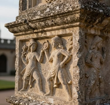 Macro photography of weathered stone carvings on a historic European manor, soft afternoon light highlighting textures of taupe and sand. Elegant and serene atmosphere. Global / Discerning English-speaking.