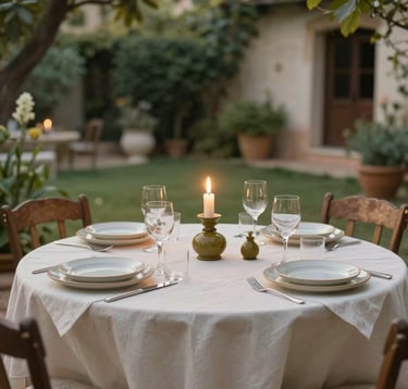 An intimate scene of a private dinner in a lush, candlelit Mediterranean garden. Table set with ivory linens and fine olive-toned ceramics. Soft, evocative lighting. Global / Discerning English-speaking.