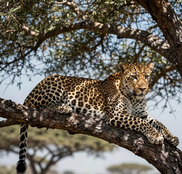 A close-up, sharp-focus photograph of a leopard resting on a branch in a sprawling acacia tree. Dappled sunlight creates a pattern of ivory and deep olive shadows on its fur. The composition is artistic and powerful, mirroring a luxury editorial style. Global / Discerning English-speaking.