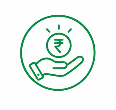 Green line icon of a hand holding an Indian Rupee coin symbolizing financial growth and savings.