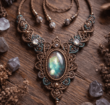 Collar de macramé hecho a mano con piedra labradorita y cristales sobre un fondo de madera rústica.