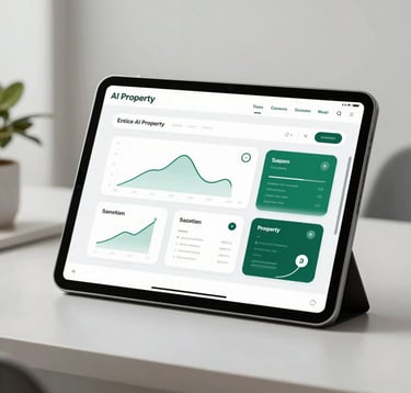 A close-up of a high-end tablet displaying a clean, sophisticated AI property dashboard with ROI charts and property cards. The interface uses a minimalist design with deep forest green accents. The setting is a minimalist, luxury office with soft, natural lighting.