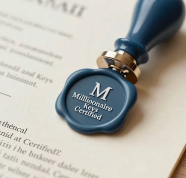 A close-up of a sophisticated wax seal or digital badge with the 'Millionaire Keys Certified' logo, placed over a formal legal document with high-quality cream paper. The atmosphere is official, secure, and highly professional, utilizing the #1B3A36 and #F5F2EC palette.