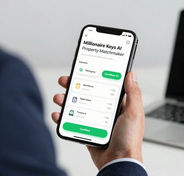 A close-up of a high-end smartphone screen displaying the Millionaire Keys AI Property Matchmaker interface. The screen shows investment analytics and a green 'Certified' badge. The device is held by a professional in a navy suit. Minimalist office setting.