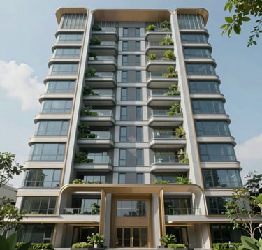 A luxury multi-floor residential building in HSR Layout, featuring modern architectural lines, vertical gardens, and premium materials. The shot is taken from a low angle to emphasize scale and quality, with a professional wealth-management aesthetic and #1B3A36 green tones in the landscaping.