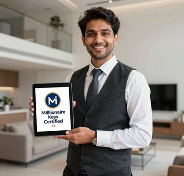 A professional real estate inspector holding a branded tablet displaying the 'Millionaire Keys Certified' badge, standing inside a premium 2BHK apartment with high ceilings and minimalist decor in Bengaluru.