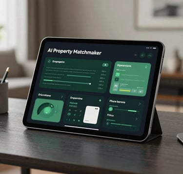 A close-up of a sleek digital tablet displaying an AI Property Matchmaker interface with interactive data visualizations, set against a blurred background of a luxury home office, featuring brand colors #1B3A36 and #F5F2EC.