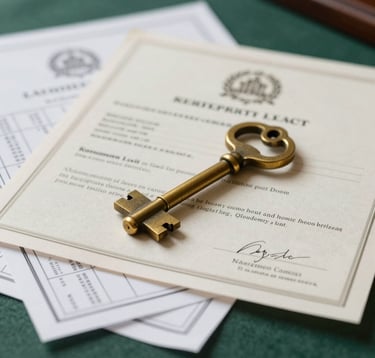 A collection of legal property deeds and blueprints laid out on a dark green felt surface, topped with a heavy brass key. The scene suggests a thorough legal review and elite certification process.