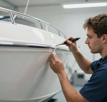 A close-up of a skilled marine technician in a clean, professional workshop, applying a protective finish to the fiberglass hull of a high-end boat. Bright, clinical lighting highlighting precision.